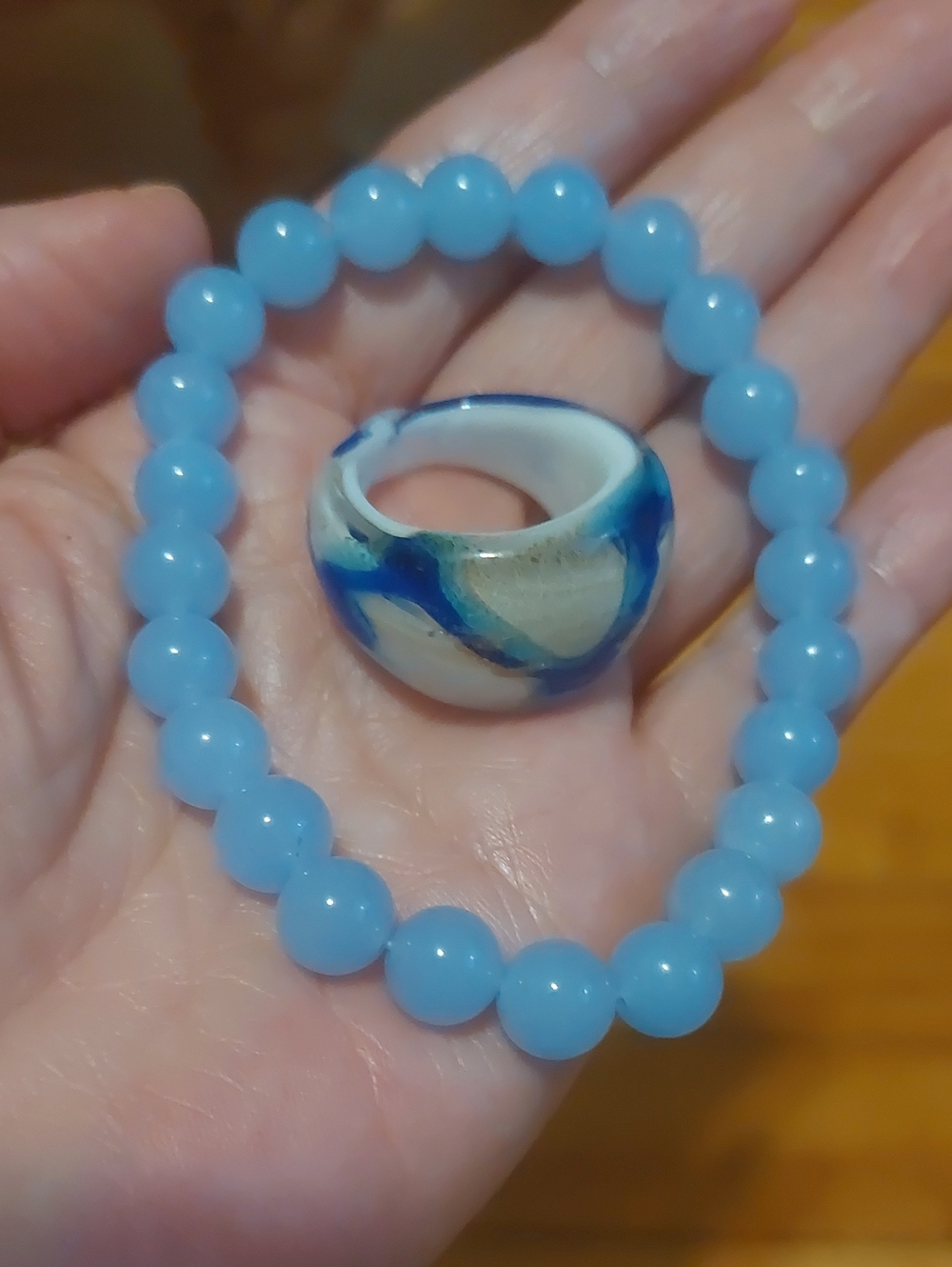 Boho Coastal Jewelry Lot: Swirl Glass Statement Ring Blue Marine Quartz Stretch